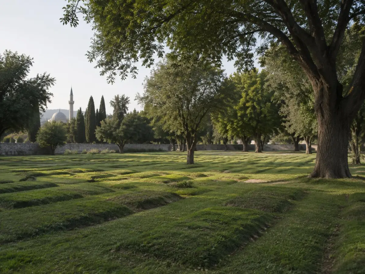 A quiet burial ground with plain grass plots among mature trees