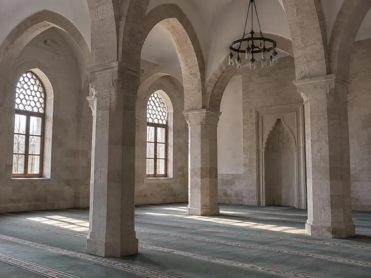 A quiet mosque prayer hall in daylight, prepared for the janazah prayer